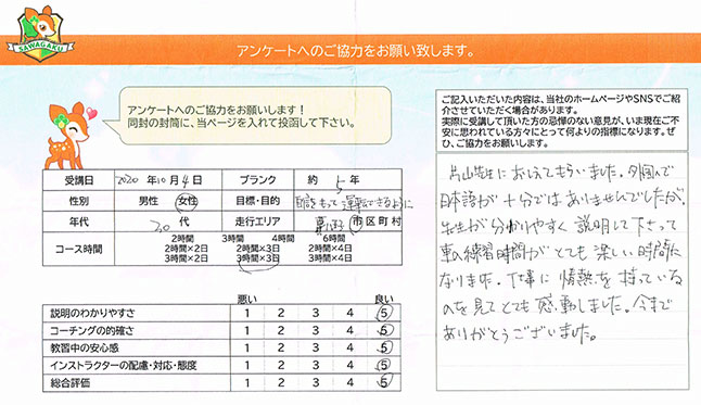八王子市 30代女性 ペーパードライバー講習アンケート