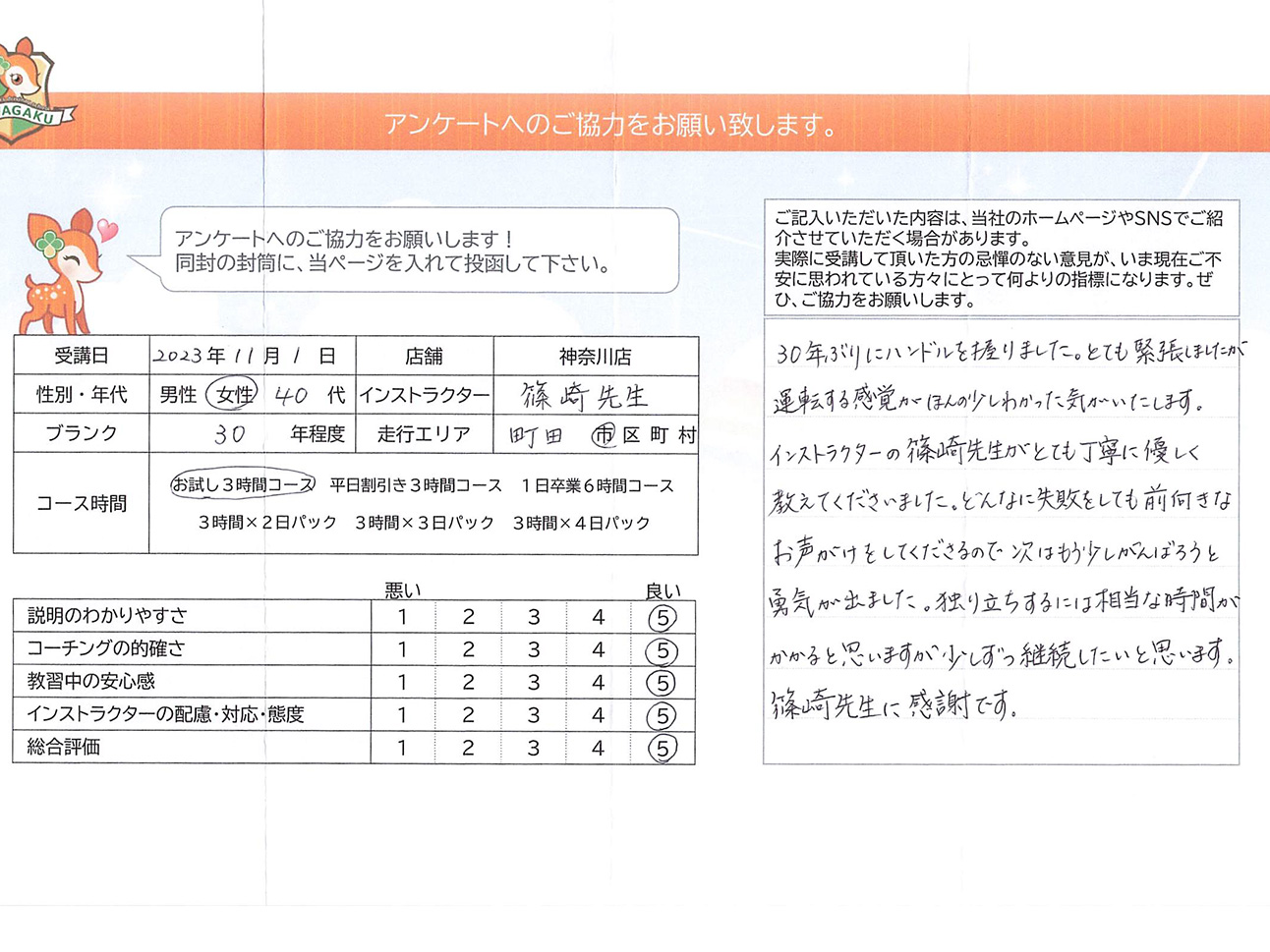 町田市 40代女性 ペーパードライバー講習アンケート