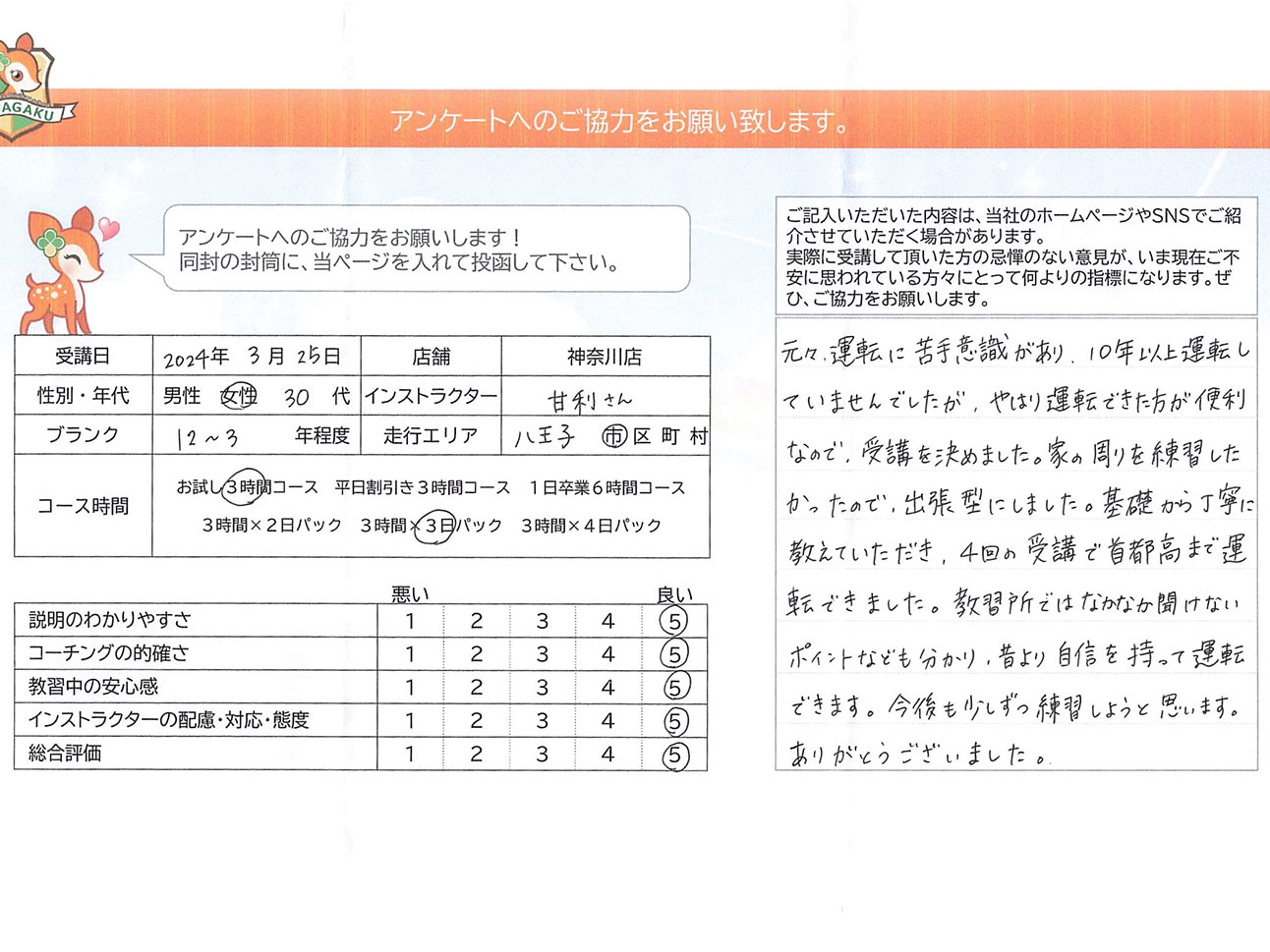 八王子市 30代女性 ペーパードライバー講習アンケート