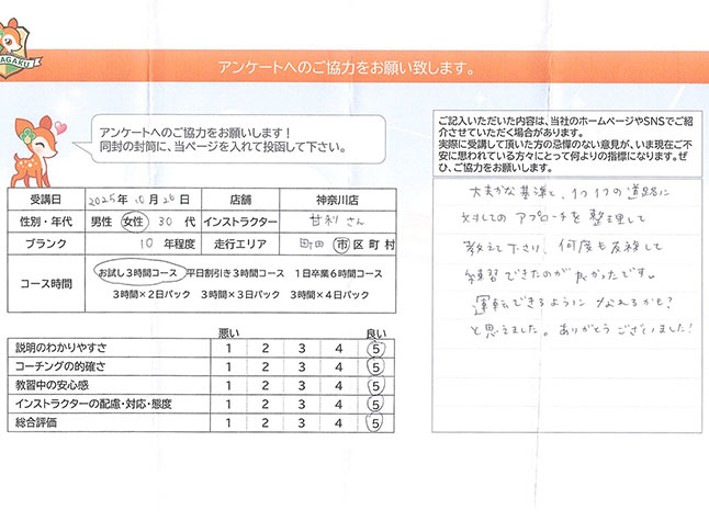 町田市 30代女性 ペーパードライバー講習アンケート