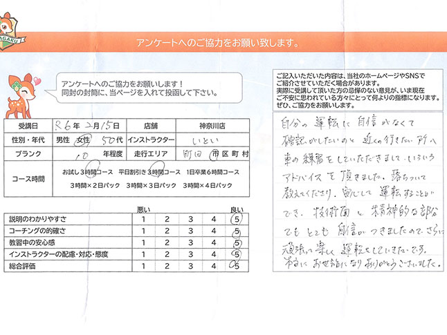 町田市 50代女性 ペーパードライバー講習アンケート